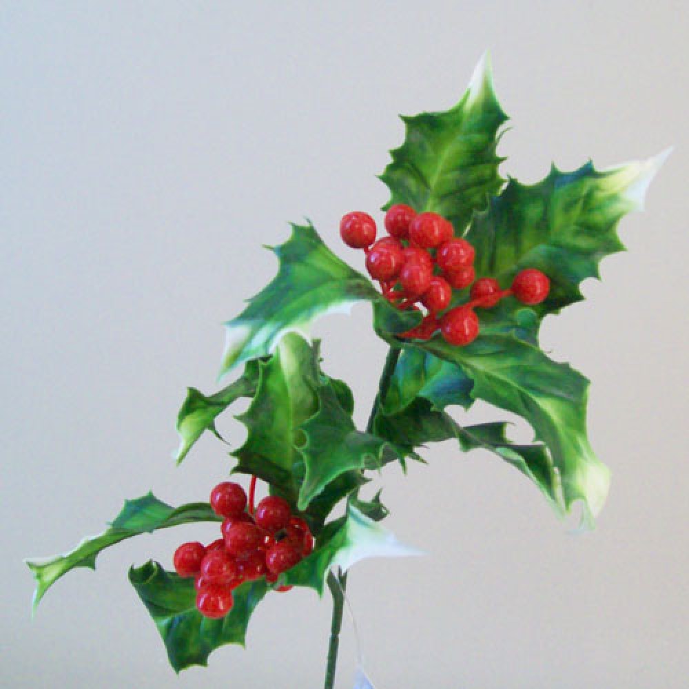 Artificial Holly Stem Variegated with Red Berries Christmas Decorations